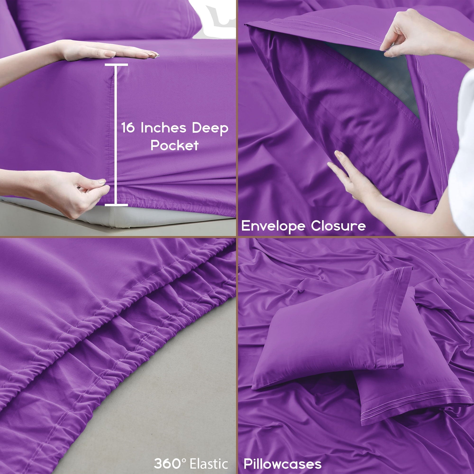 King Bed Sheets - 16 Inch Deep Pocket 6 Piece Microfiber Bedding Sheets & Pillowcase Sets - Purple - Image 2