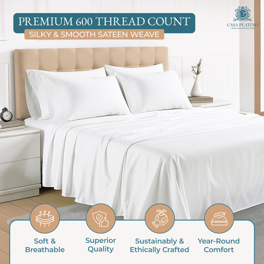 Bed Sheets Set – 6 Piece, 600 Thread Count, 100% Cotton Sheets, Hotel Luxury Sateen Finish, 15" Deep Pocket, Easy to ... - Image 2