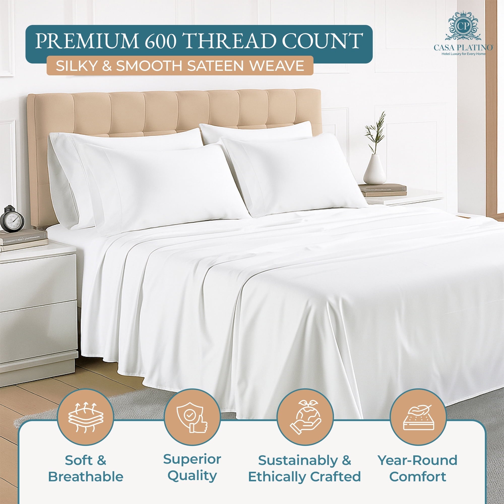 Bed Sheets Set – 6 Piece, 600 Thread Count, 100% Cotton Sheets, Hotel Luxury Sateen Finish, 15" Deep Pocket, Easy to ... - Image 2