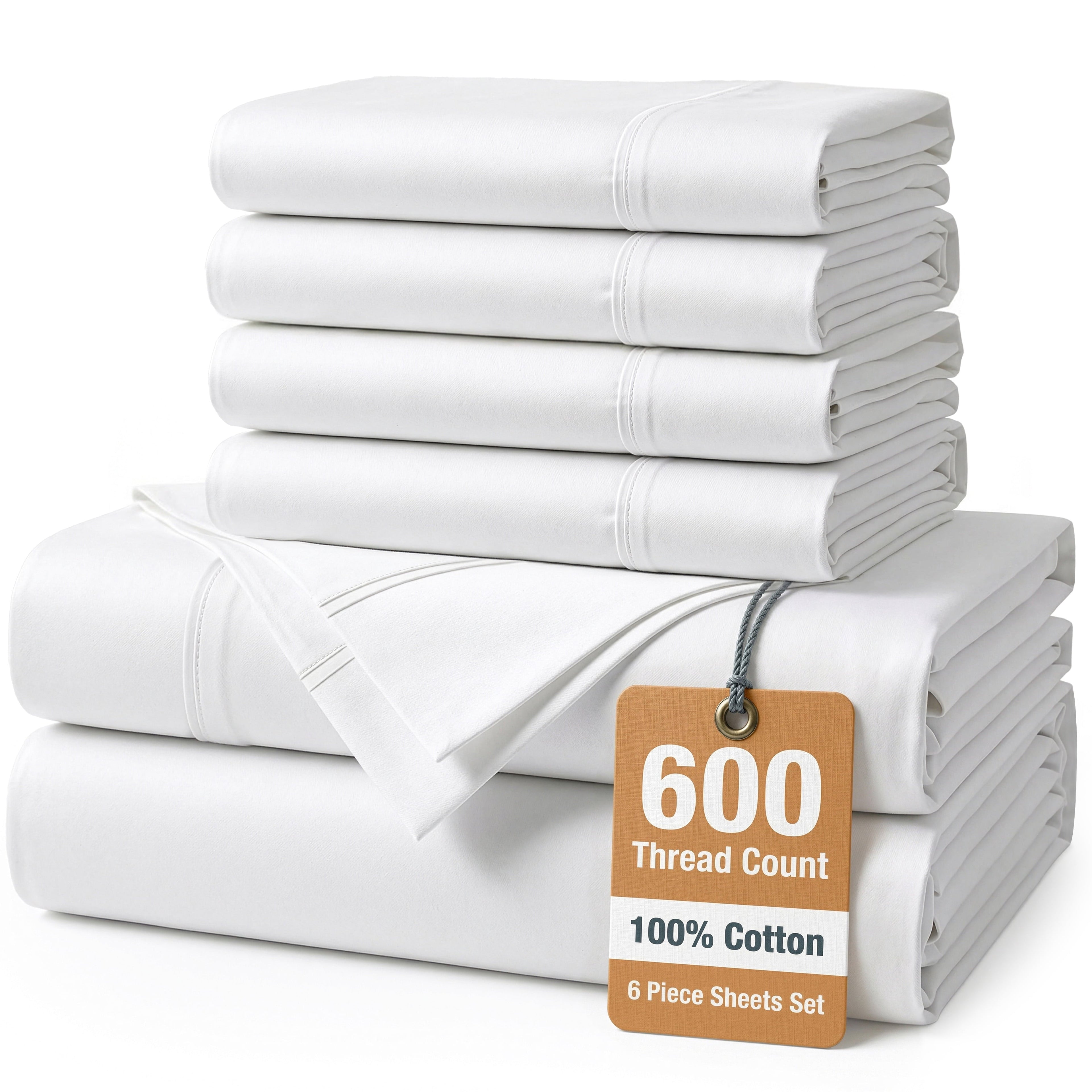 Bed Sheets Set – 6 Piece, 600 Thread Count, 100% Cotton Sheets, Hotel Luxury Sateen Finish, 15" Deep Pocket, Easy to ...