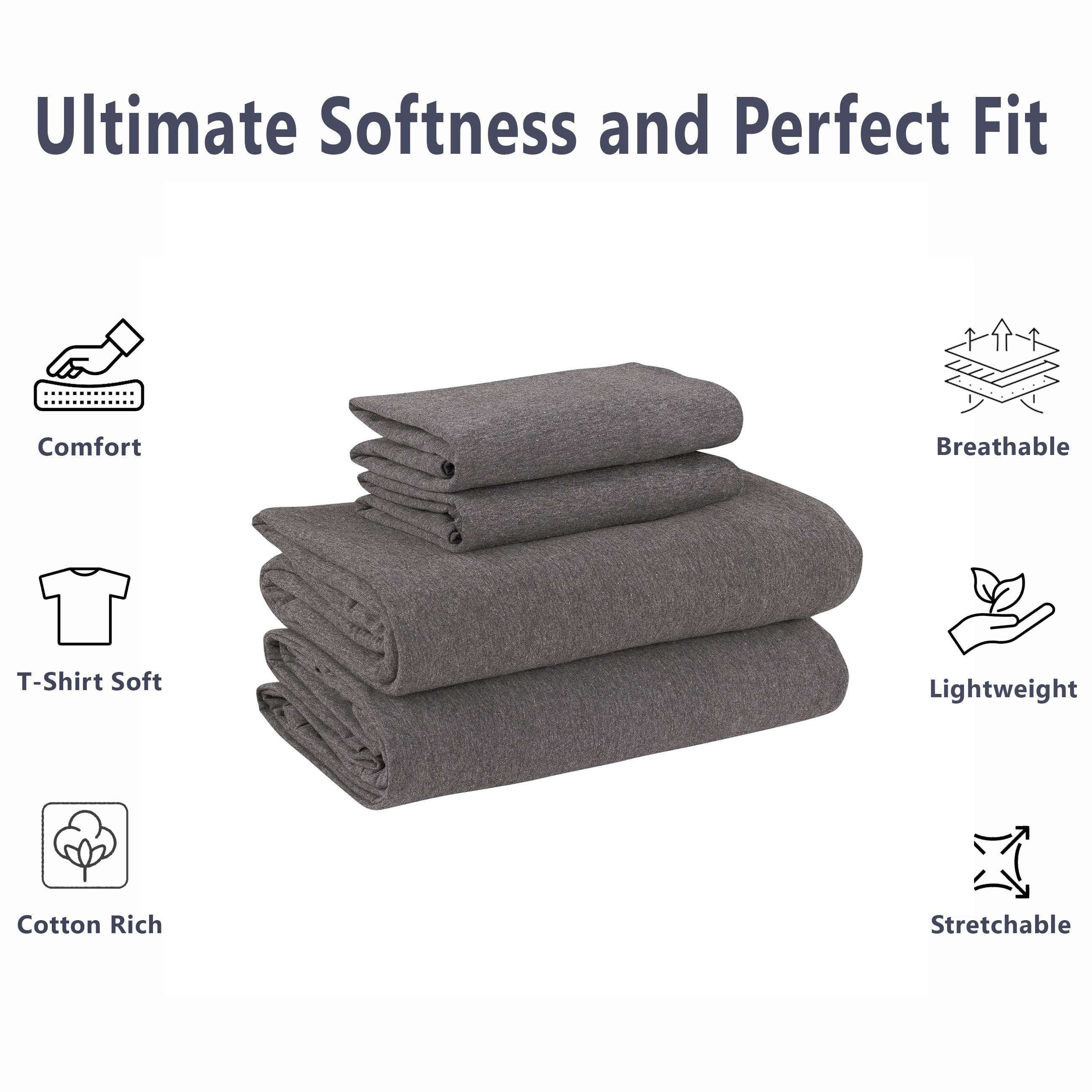 Mainstays Cotton Rich Extra Soft Jersey Bed Sheet Set, Queen, Charcoal, 4 Pieces - Image 2