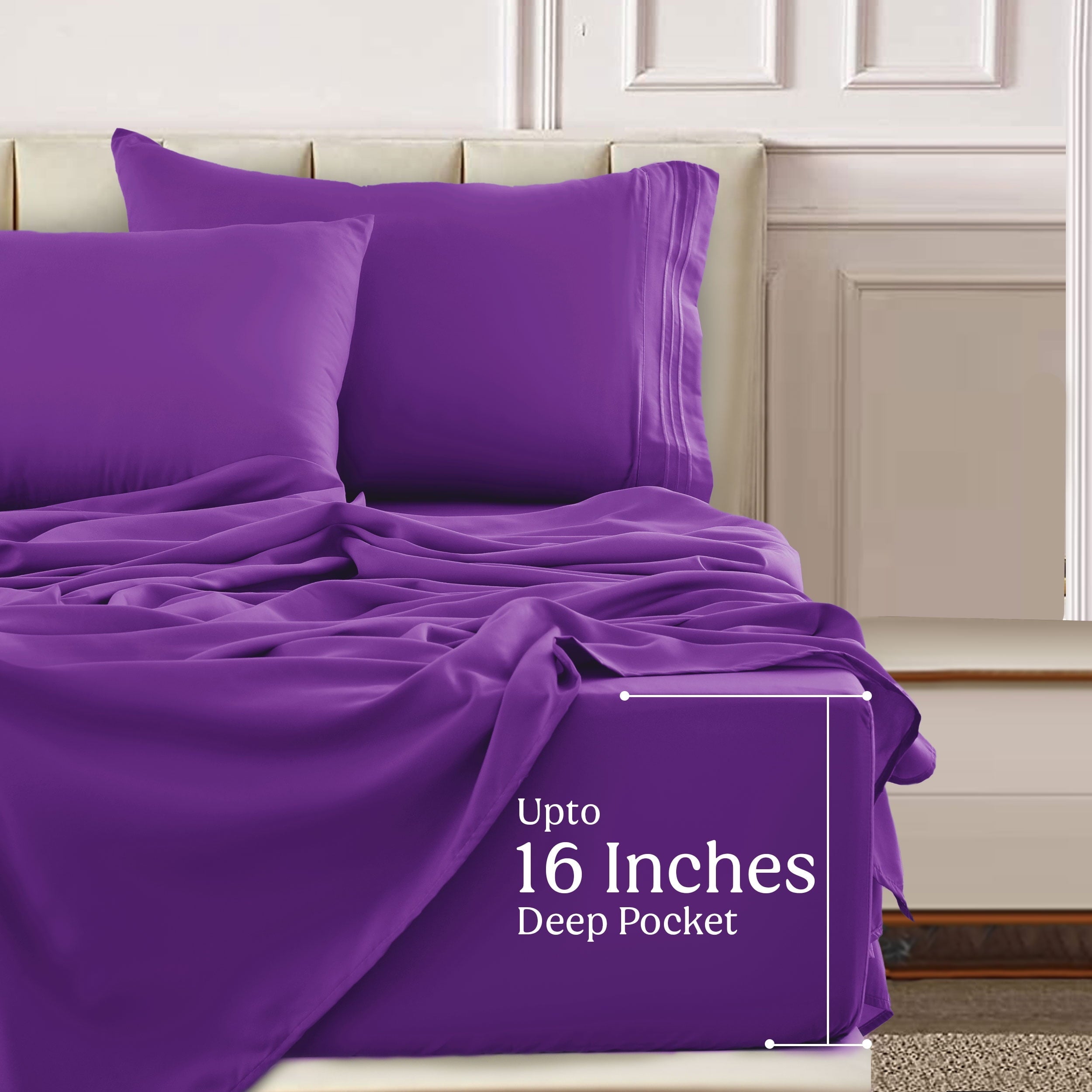 King Bed Sheets - 16 Inch Deep Pocket 6 Piece Microfiber Bedding Sheets & Pillowcase Sets - Purple - Image 4